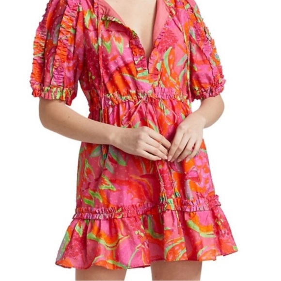 Farm Rio Fruit brush mini dress puff sleeves M L ruffles fringe organic cotton - Picture 2 of 11